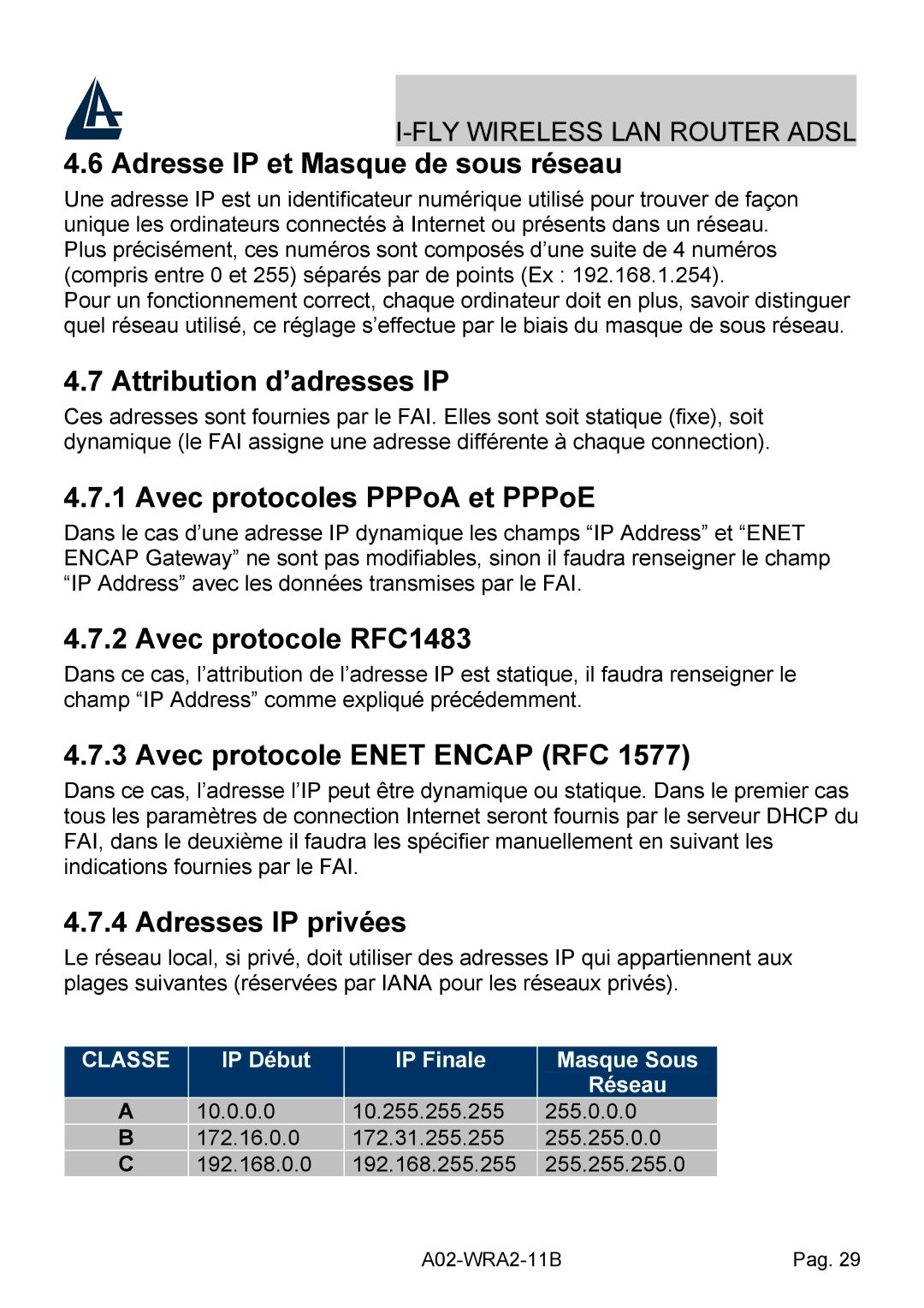 Bissell A02-WRA2-11B manual Adresse IP et Masque de sous réseau, Attribution d’adresses IP, Avec protocoles PPPoA et PPPoE 