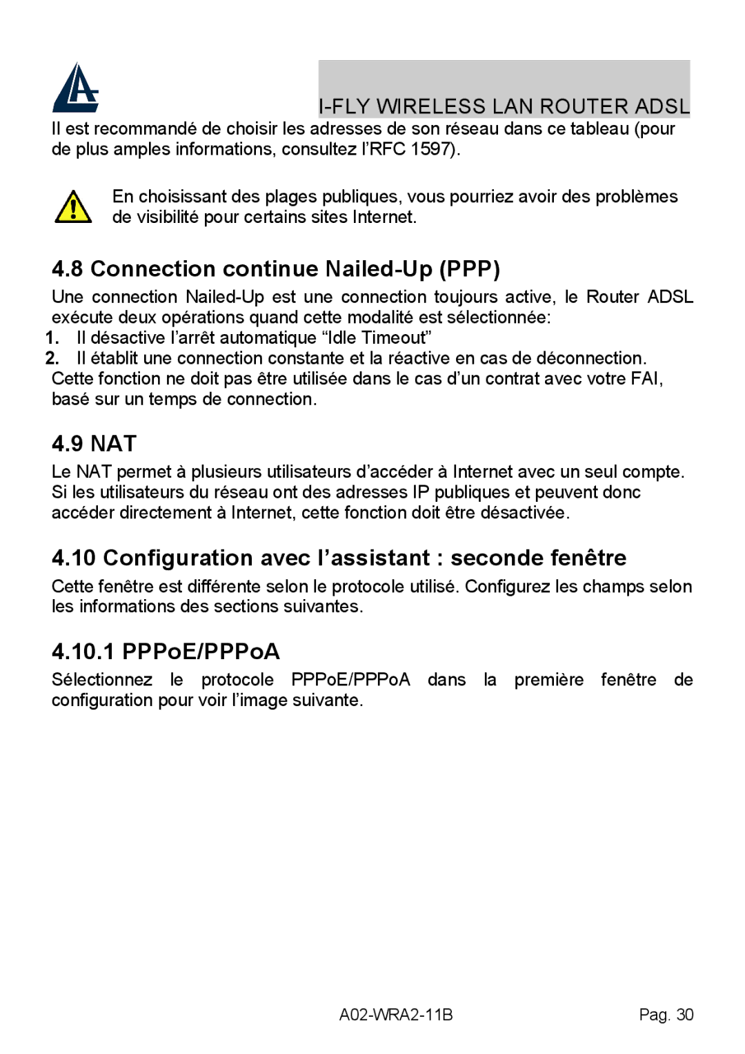 Bissell A02-WRA2-11B Connection continue Nailed-Up PPP, Nat, Configuration avec l’assistant seconde fenêtre, PPPoE/PPPoA 