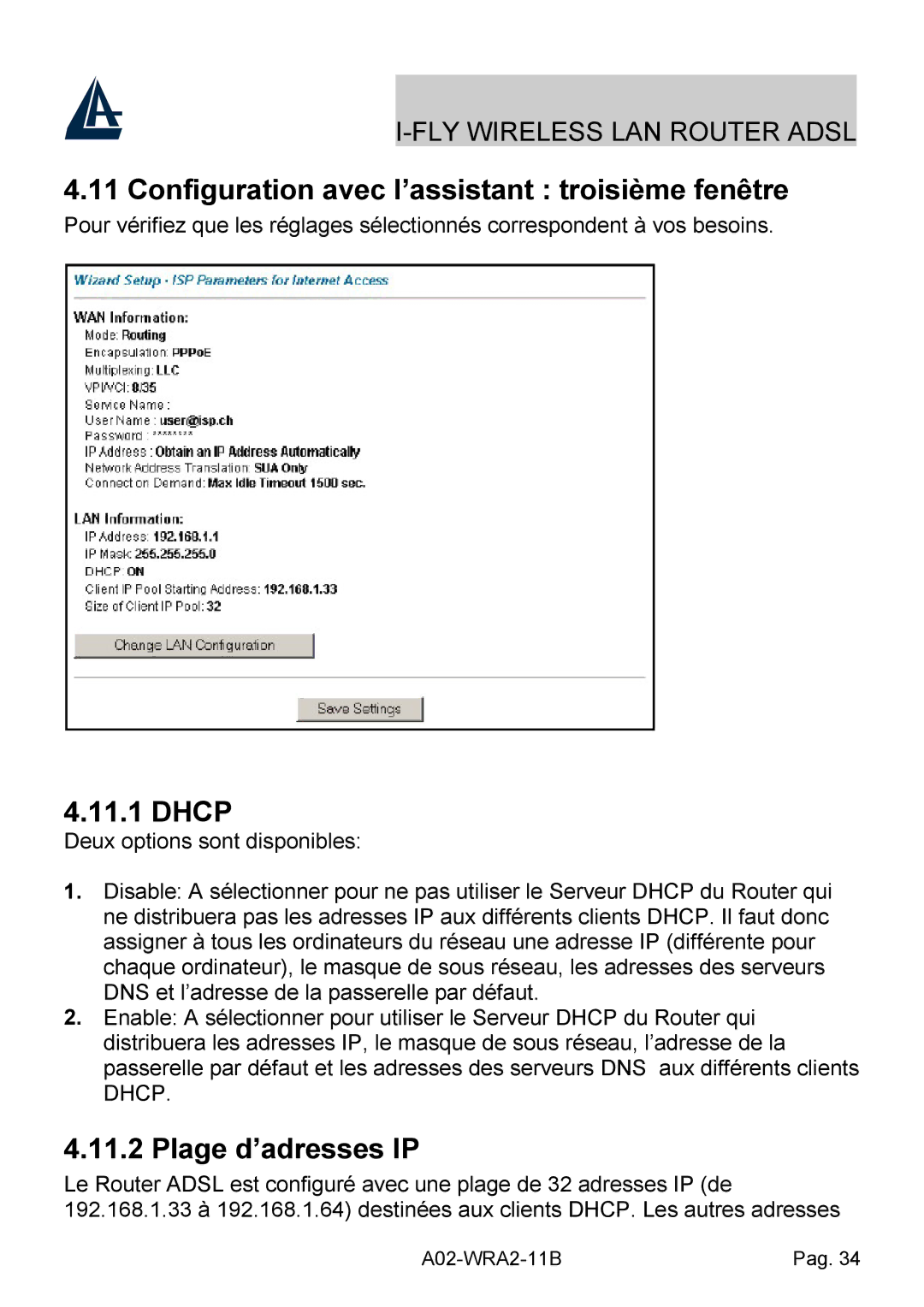 Bissell A02-WRA2-11B manual Configuration avec l’assistant troisième fenêtre, Dhcp, Plage d’adresses IP 