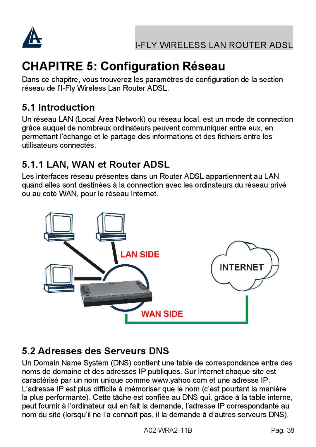 Bissell A02-WRA2-11B manual Chapitre 5 Configuration Réseau, 1 LAN, WAN et Router Adsl, Adresses des Serveurs DNS 