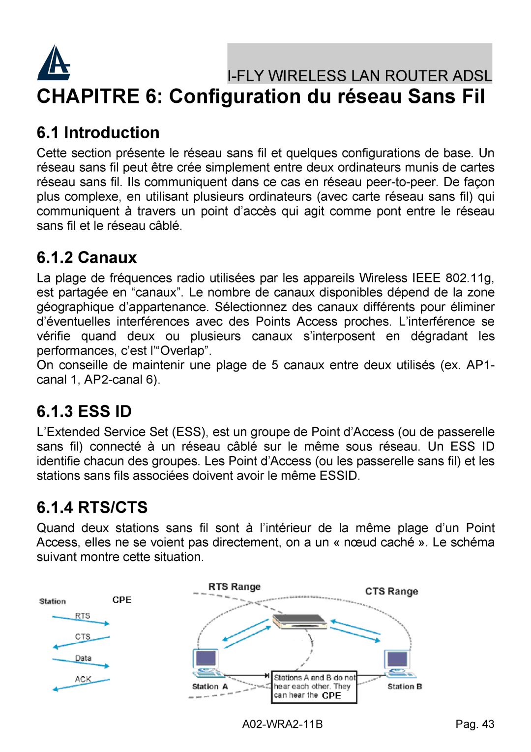 Bissell A02-WRA2-11B manual Chapitre 6 Configuration du réseau Sans Fil, Canaux, Ess Id, 4 RTS/CTS 