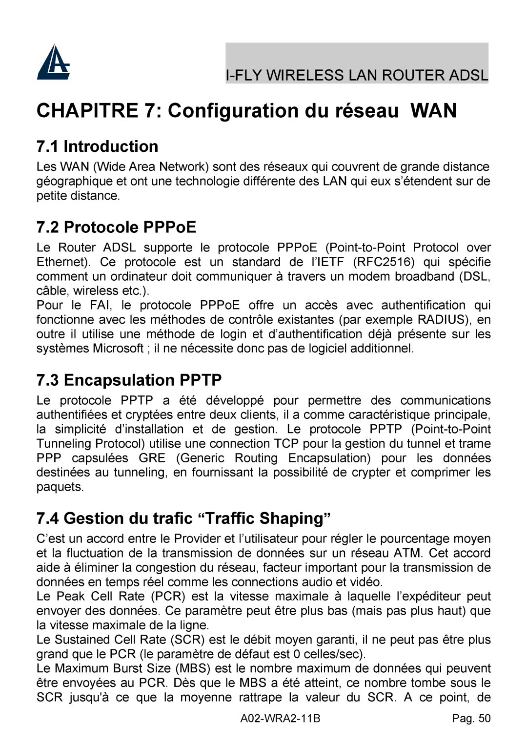 Bissell A02-WRA2-11B manual Chapitre 7 Configuration du réseau WAN, Protocole PPPoE, Encapsulation Pptp 