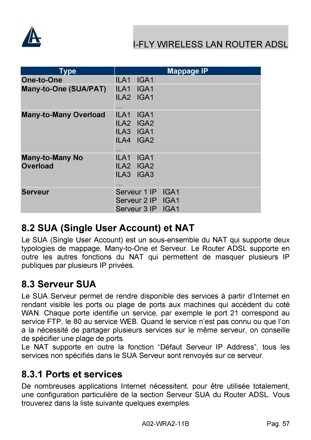 Bissell A02-WRA2-11B manual SUA Single User Account et NAT, Serveur SUA, Ports et services, Type Mappage IP 