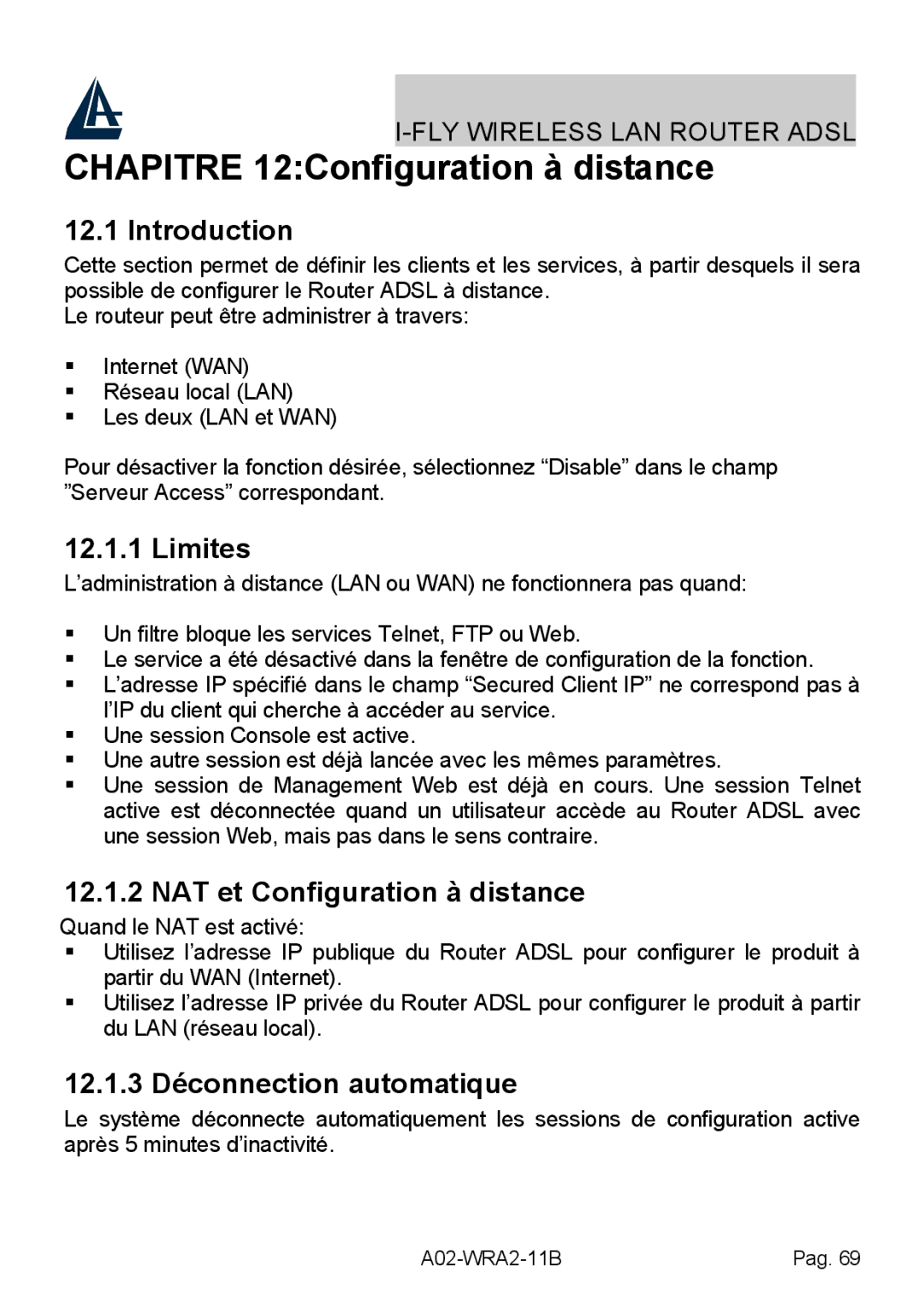 Bissell A02-WRA2-11B manual Chapitre 12Configuration à distance, Limites, NAT et Configuration à distance 