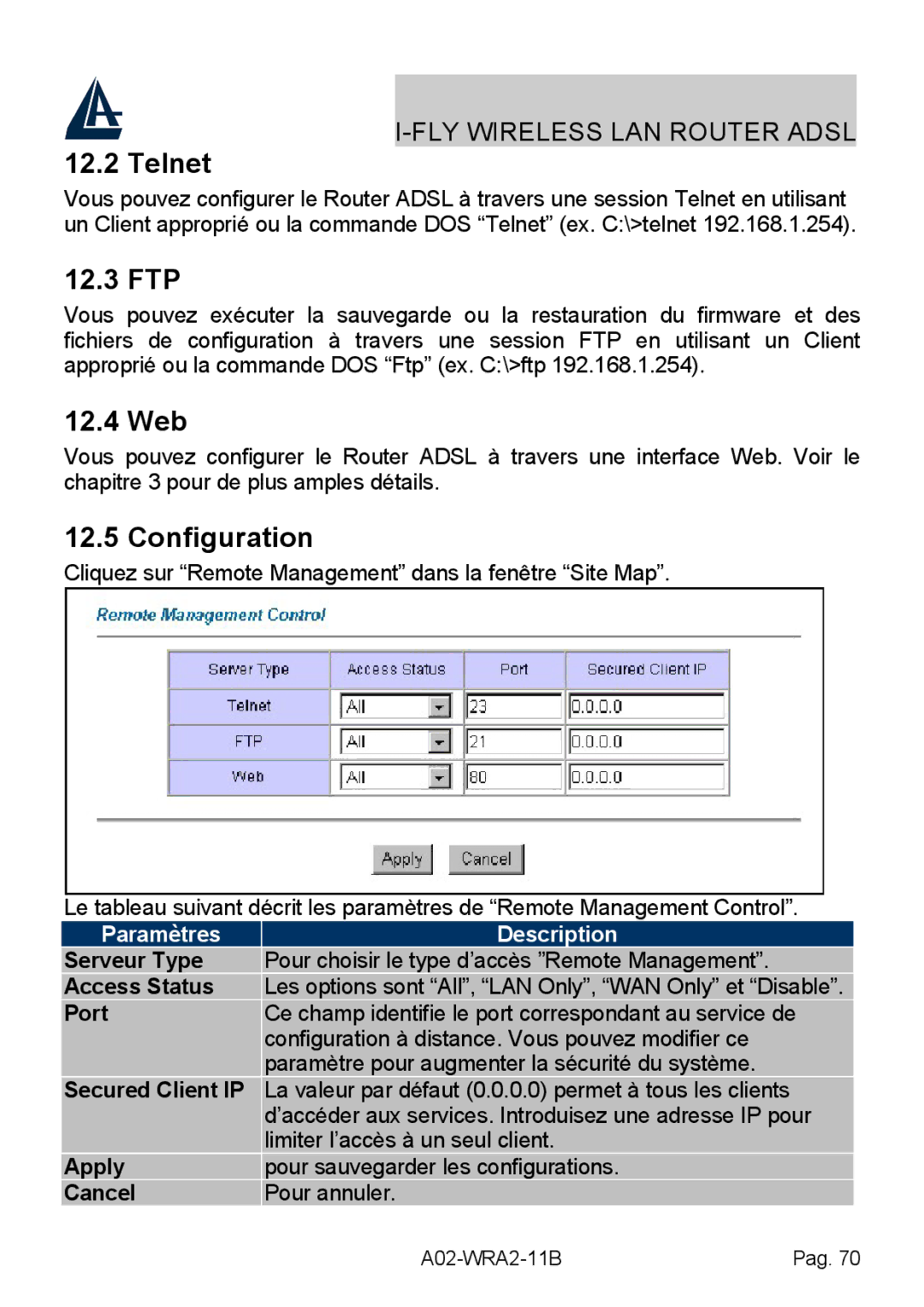 Bissell A02-WRA2-11B manual Telnet, 12.3 FTP, 12.4 Web 