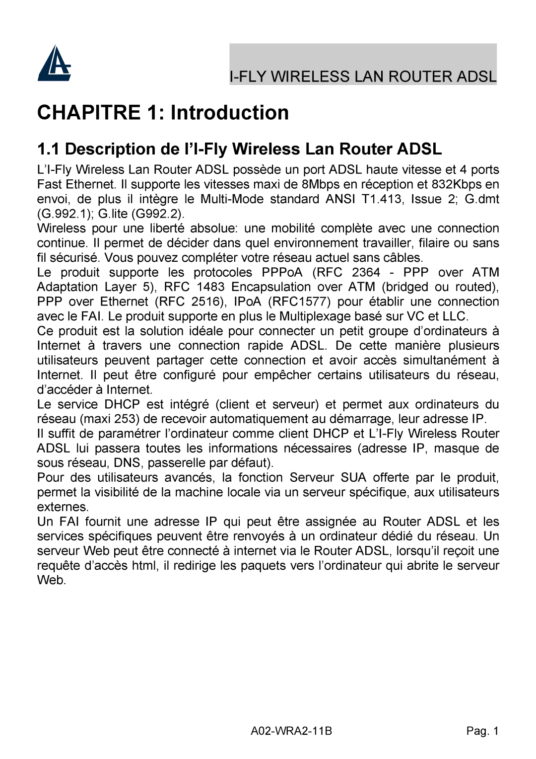 Bissell A02-WRA2-11B manual Chapitre 1 Introduction, Description de l’I-Fly Wireless Lan Router Adsl 