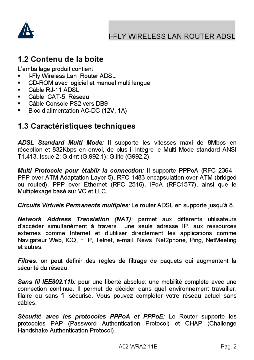 Bissell A02-WRA2-11B manual Contenu de la boite, Caractéristiques techniques 