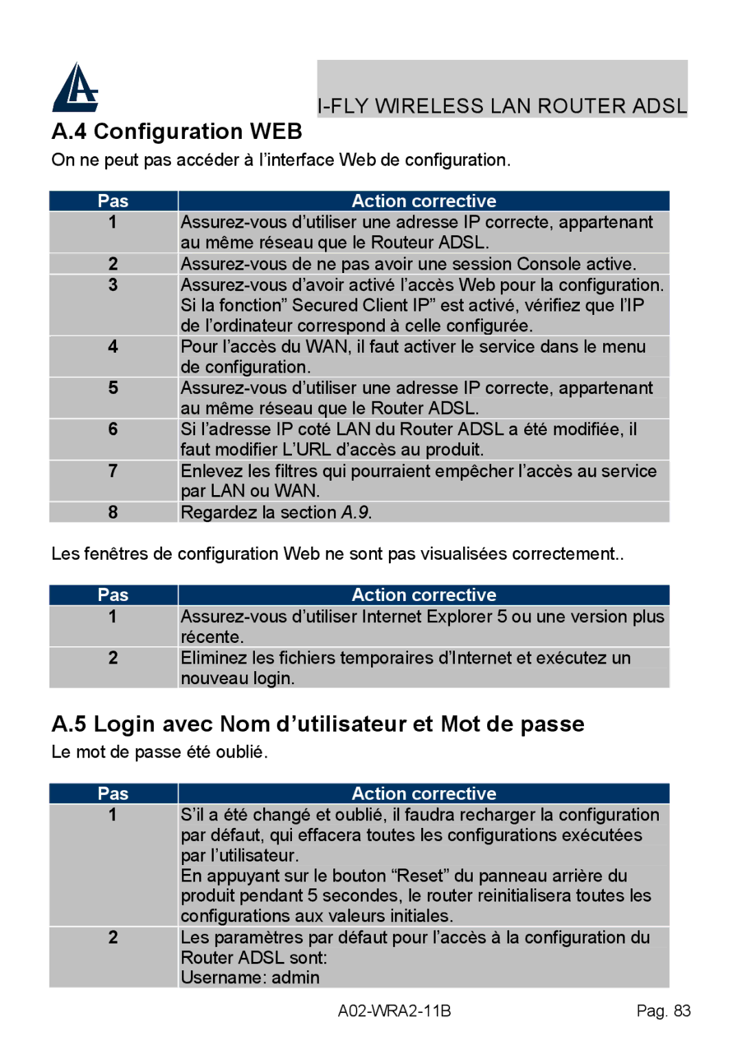 Bissell A02-WRA2-11B manual Configuration WEB, Login avec Nom d’utilisateur et Mot de passe 