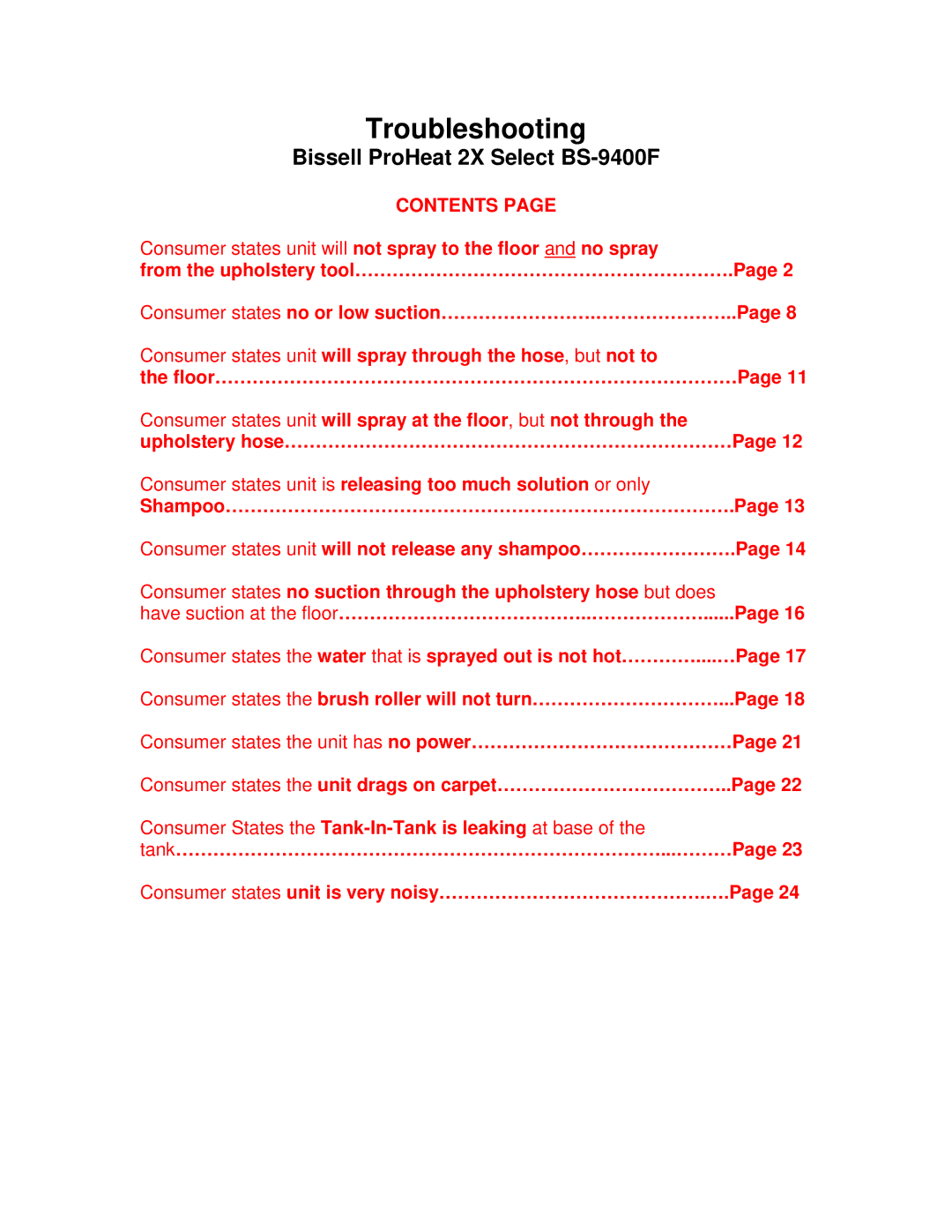 Bissell BS-9400F manual Troubleshooting 