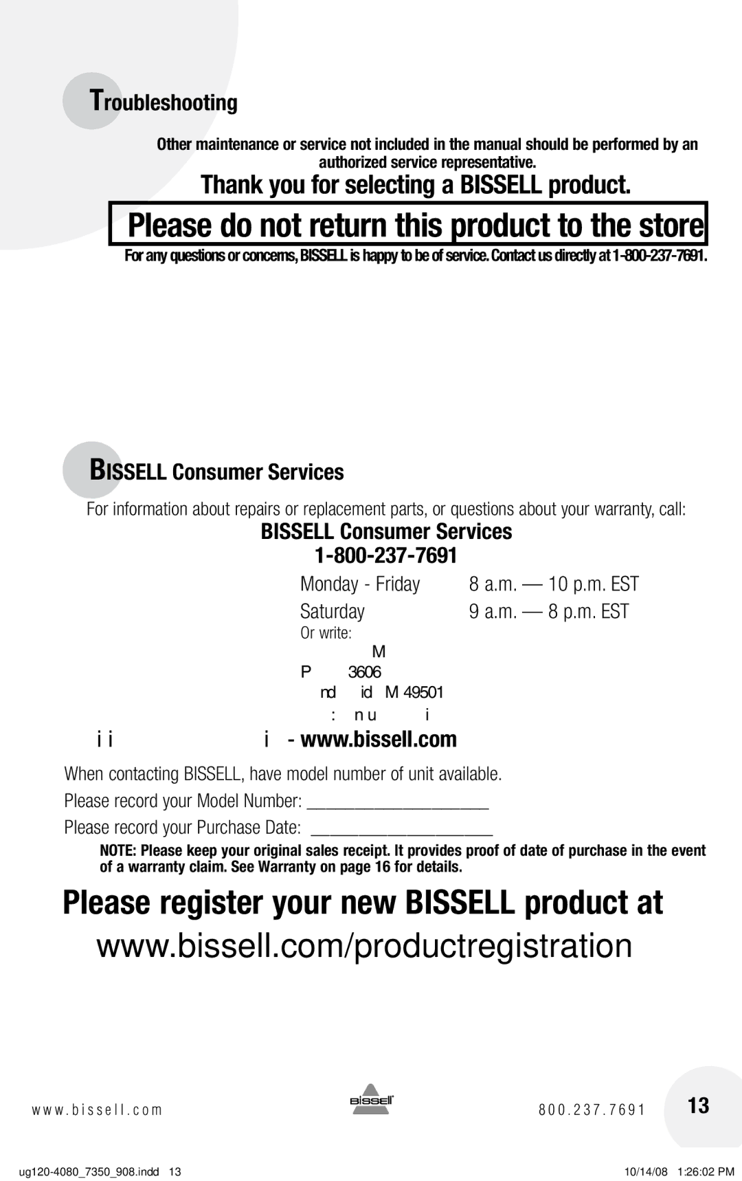 Bissell 8350, E600 warranty Bissell Consumer Services, Authorized service representative 