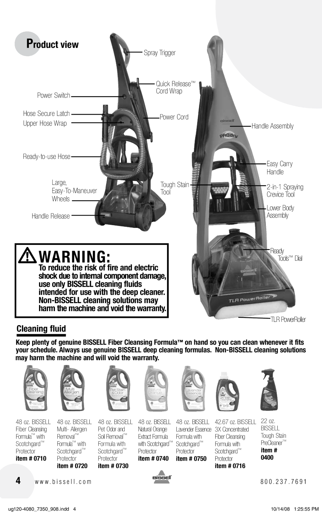 Bissell E600, 8350 warranty Product view, Cleaning fluid 