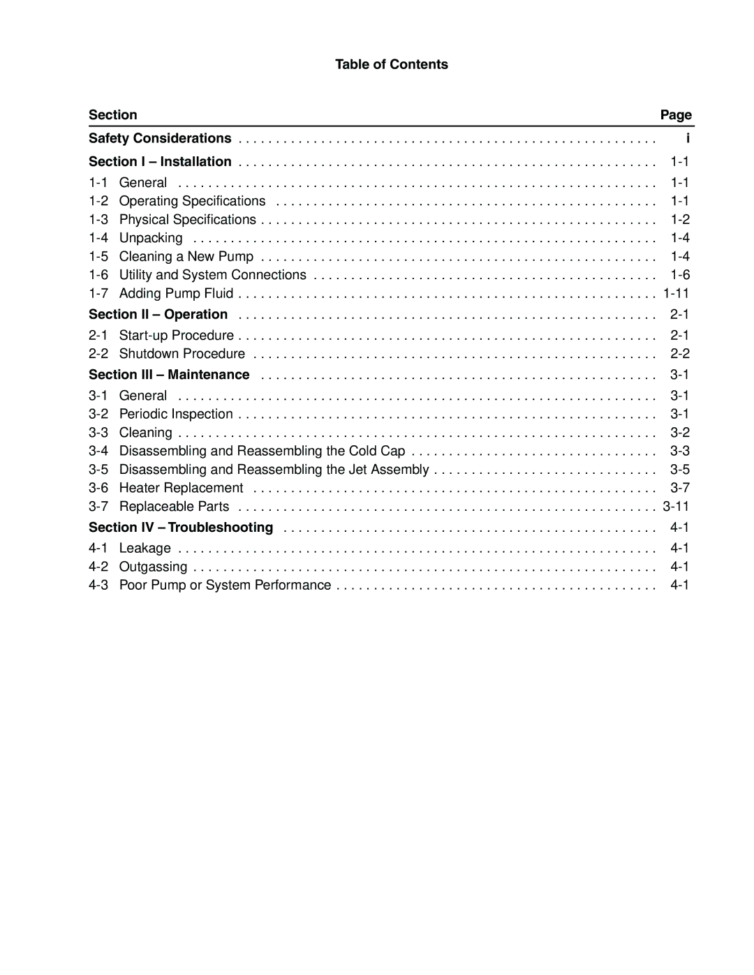 Bissell HS-20 instruction manual Table of Contents, Section Safety Considerations Section I Installation 