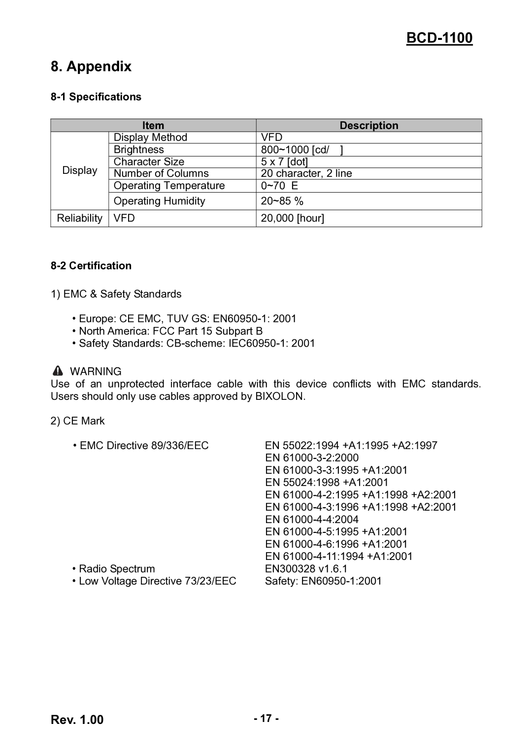 BIXOLON user manual BCD-1100 Appendix, Specifications Description, Certification 