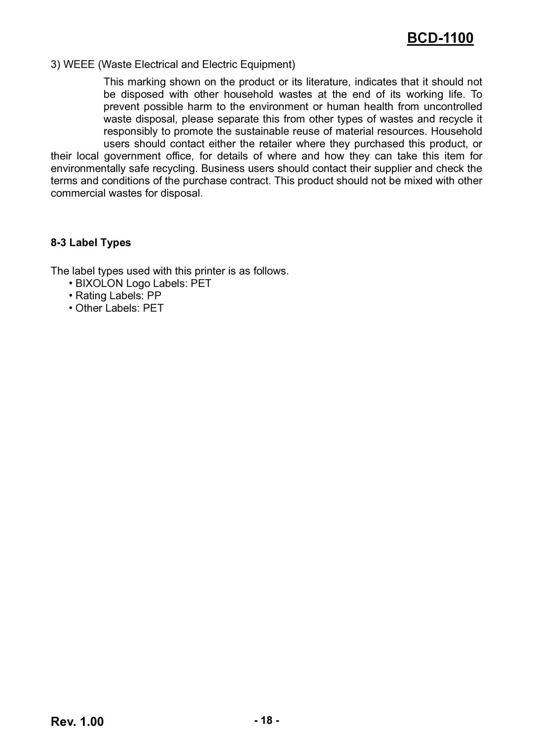 BIXOLON BCD-1100 user manual Label Types 