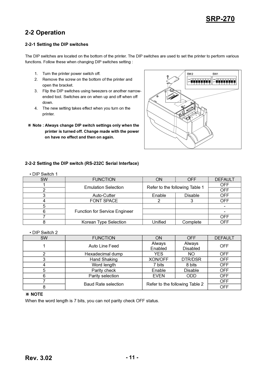 BIXOLON SRP-270 service manual Operation, Setting the DIP switches, Setting the DIP switch RS-232C Serial Interface 