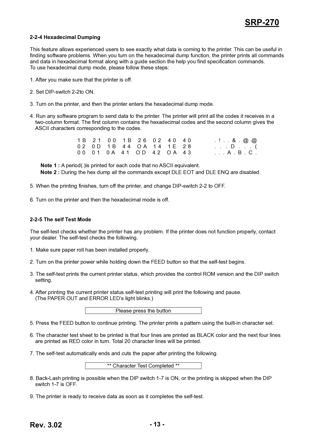 BIXOLON SRP-270 service manual Hexadecimal Dumping, Self Test Mode 