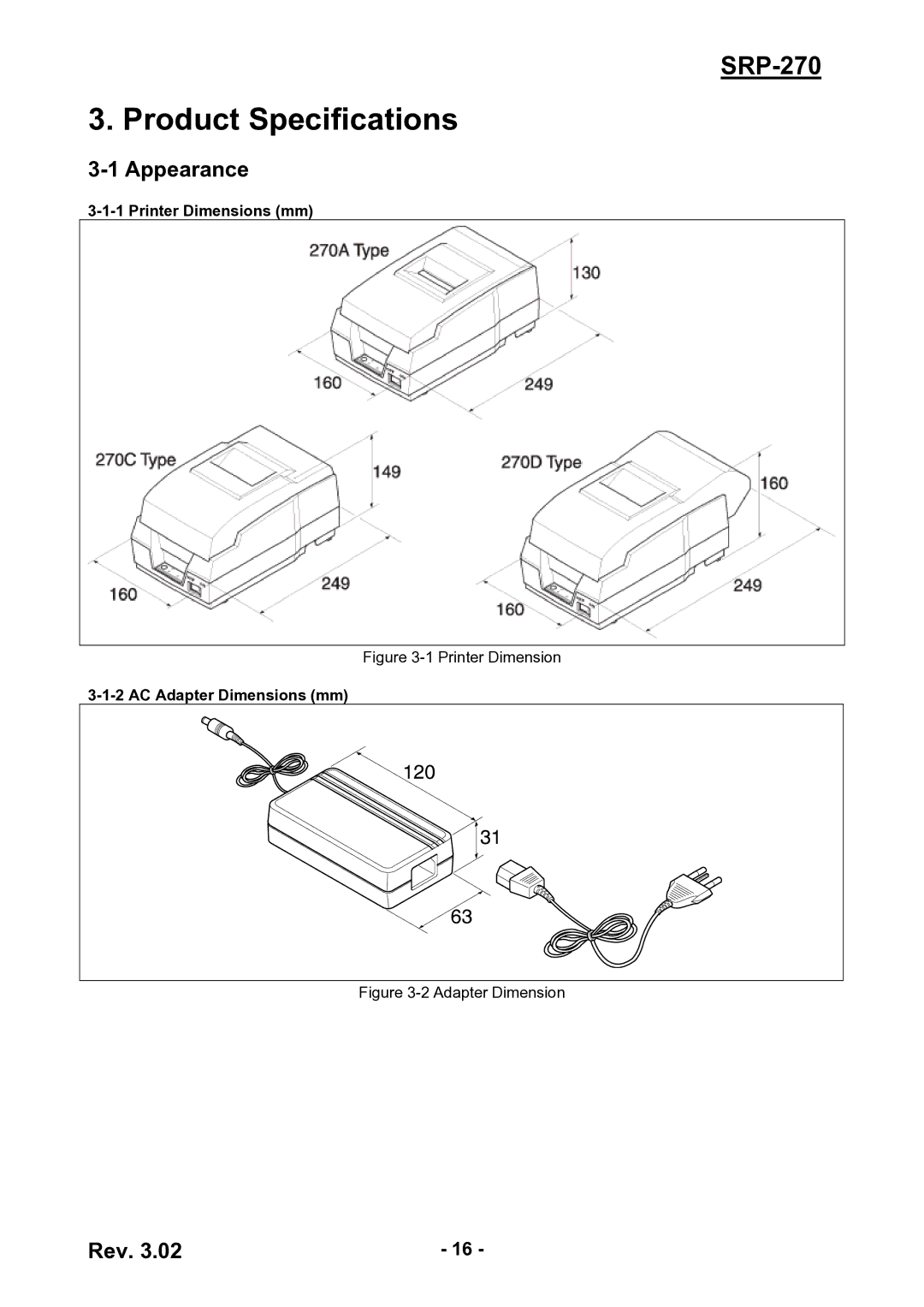 BIXOLON SRP-270 service manual Product Specifications, Appearance, Printer Dimensions mm, AC Adapter Dimensions mm 