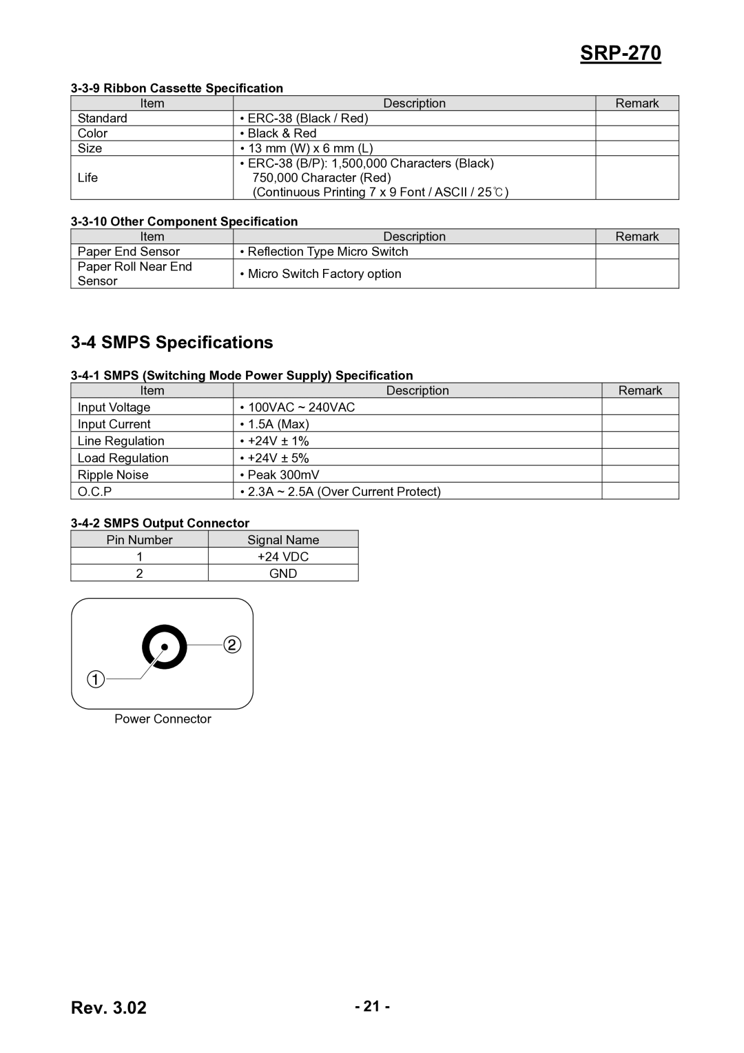 BIXOLON SRP-270 Smps Specifications, Ribbon Cassette Specification, Other Component Specification, Smps Output Connector 