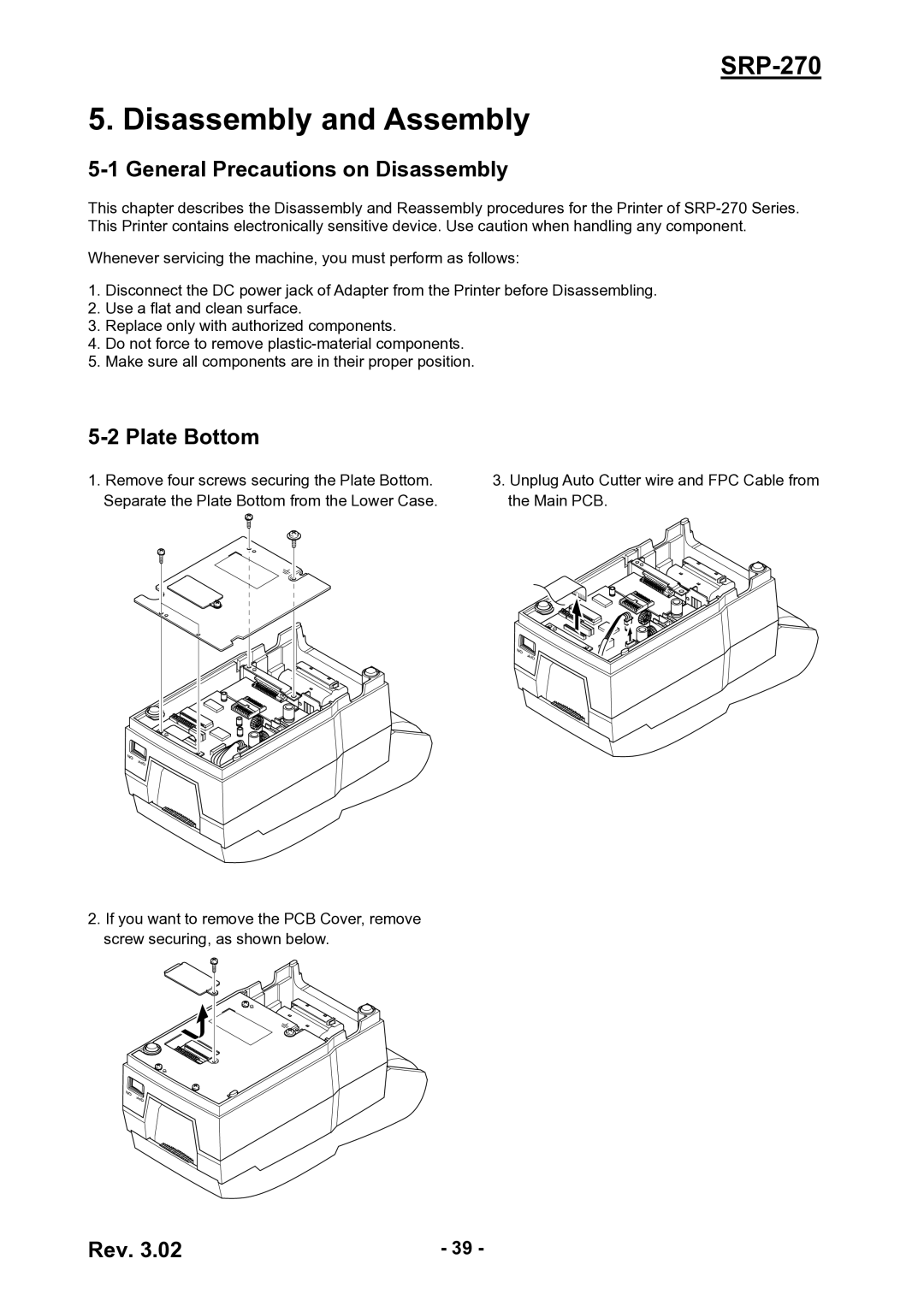 BIXOLON SRP-270 service manual Disassembly and Assembly, General Precautions on Disassembly, Plate Bottom 