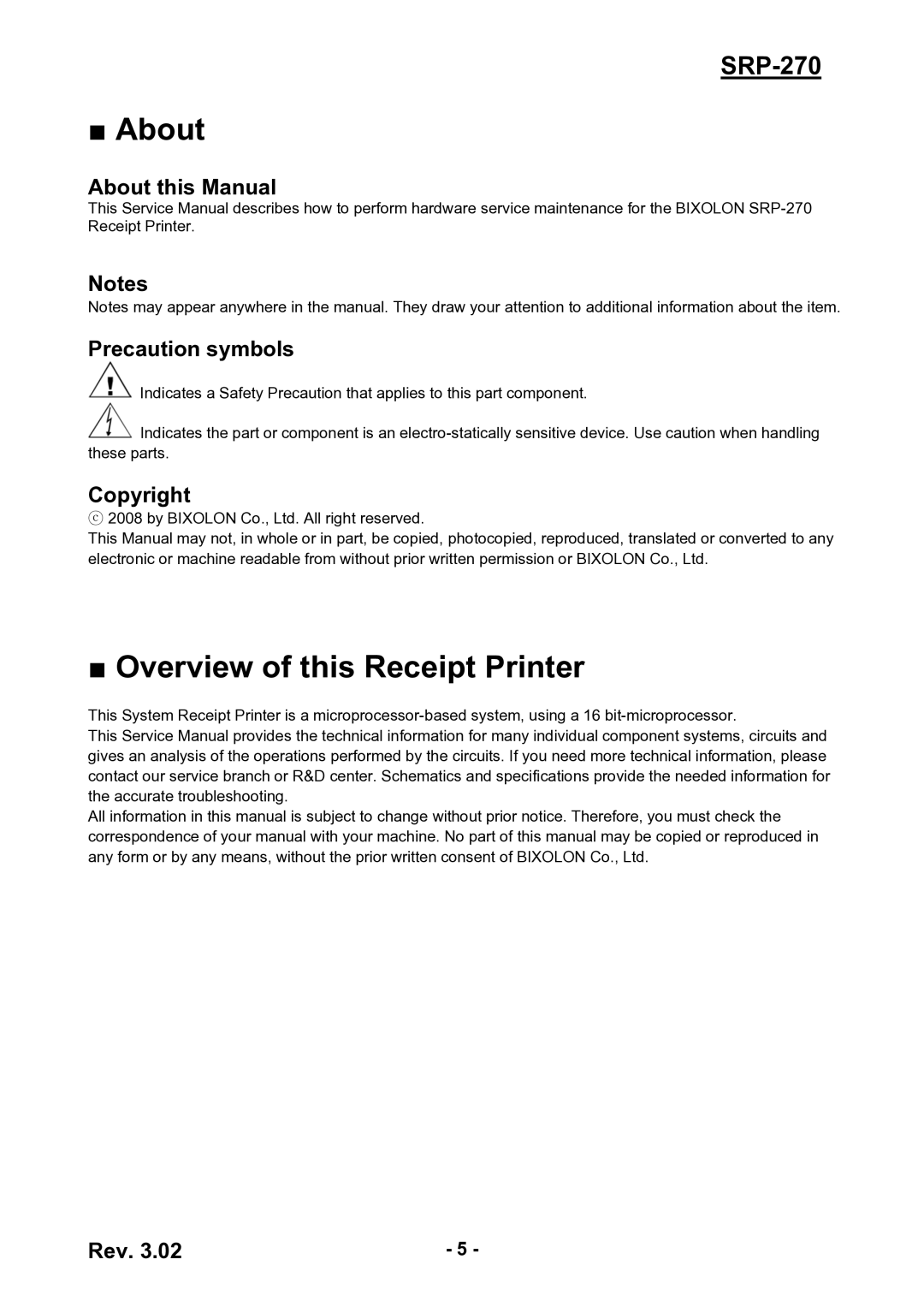 BIXOLON SRP-270 service manual Overview of this Receipt Printer, About this Manual Precaution symbols, Copyright 