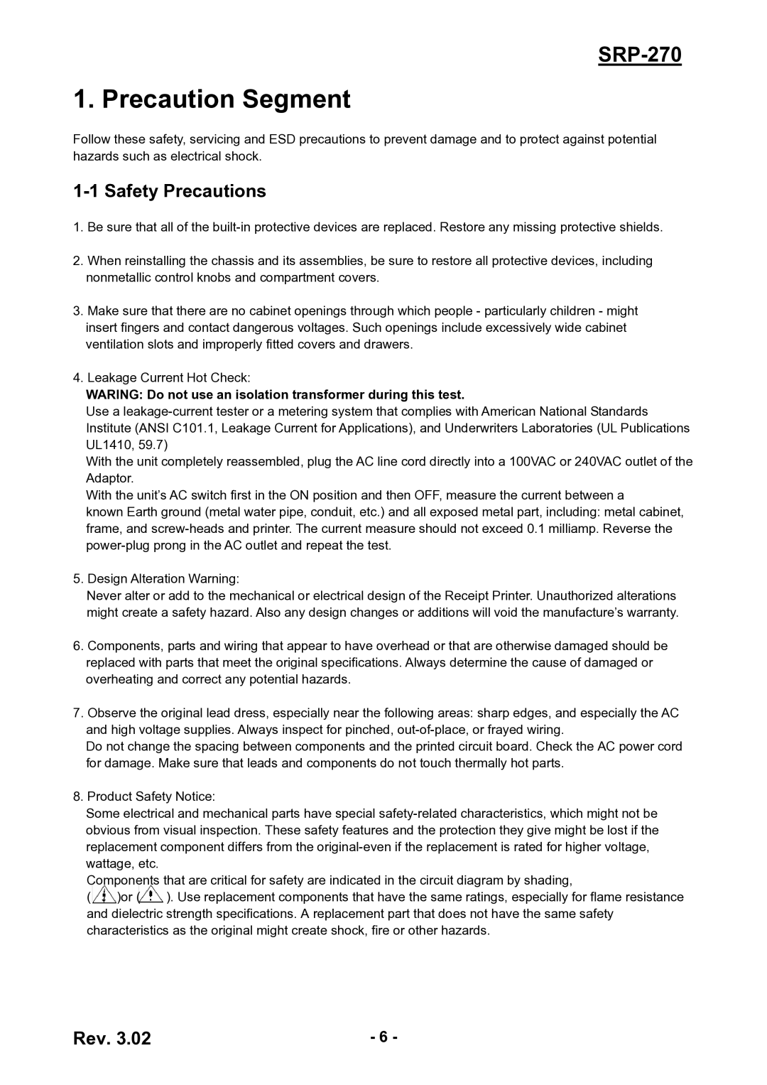 BIXOLON SRP-270 Precaution Segment, Safety Precautions, Waring Do not use an isolation transformer during this test 