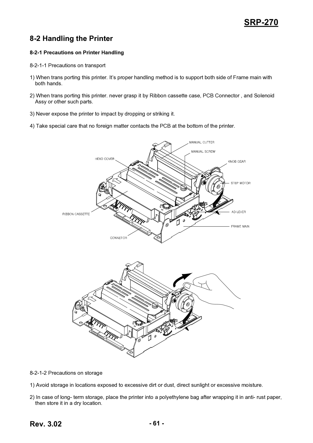 BIXOLON SRP-270 service manual Handling the Printer, Precautions on Printer Handling 