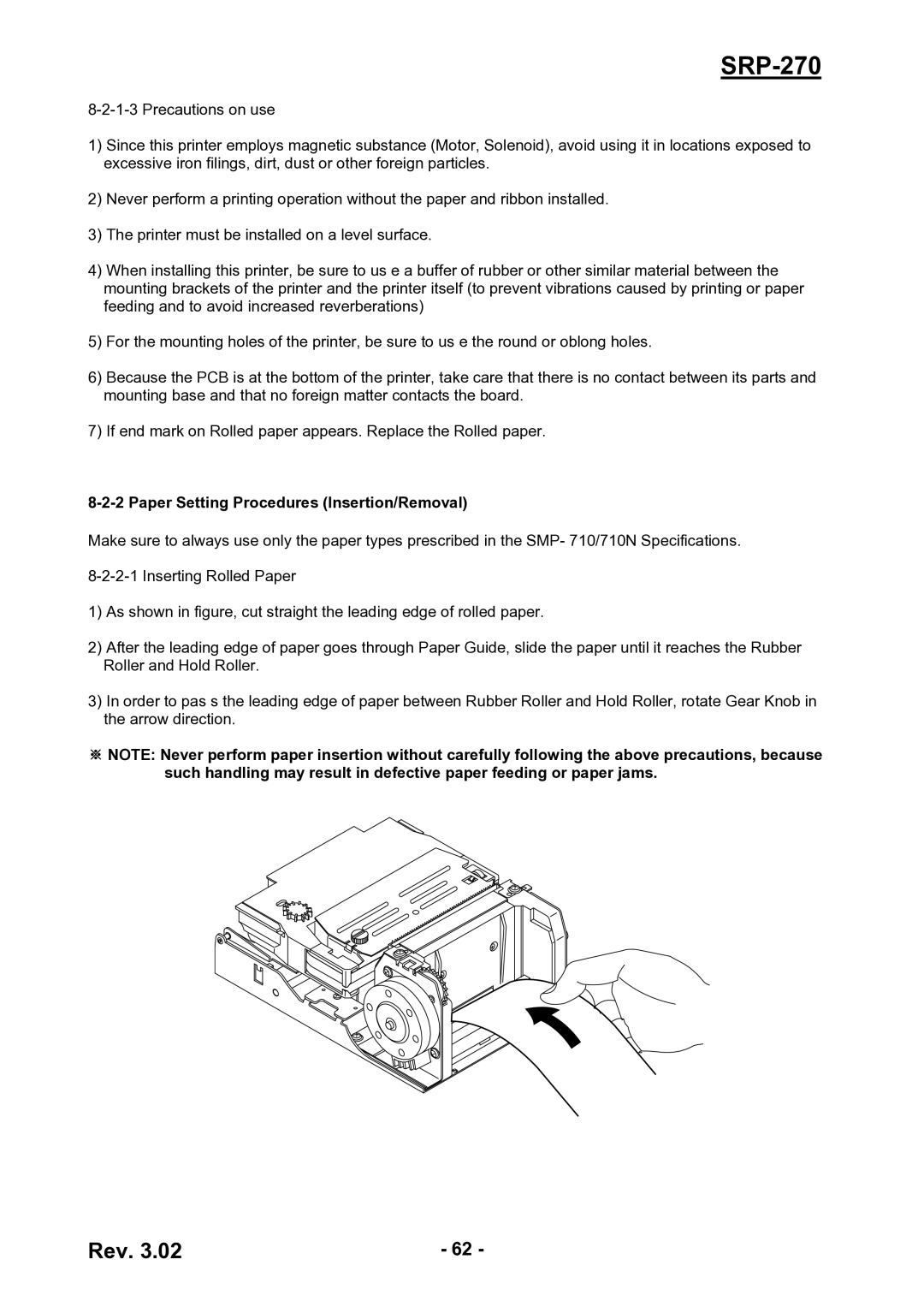 BIXOLON SRP-270 service manual Paper Setting Procedures Insertion/Removal 