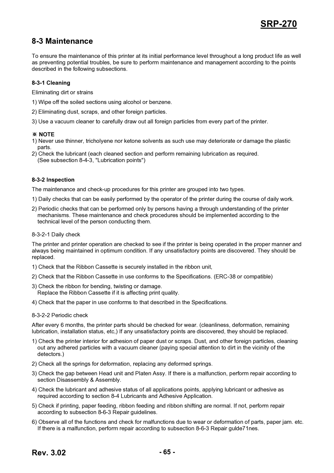 BIXOLON SRP-270 service manual Maintenance, Cleaning, Inspection 