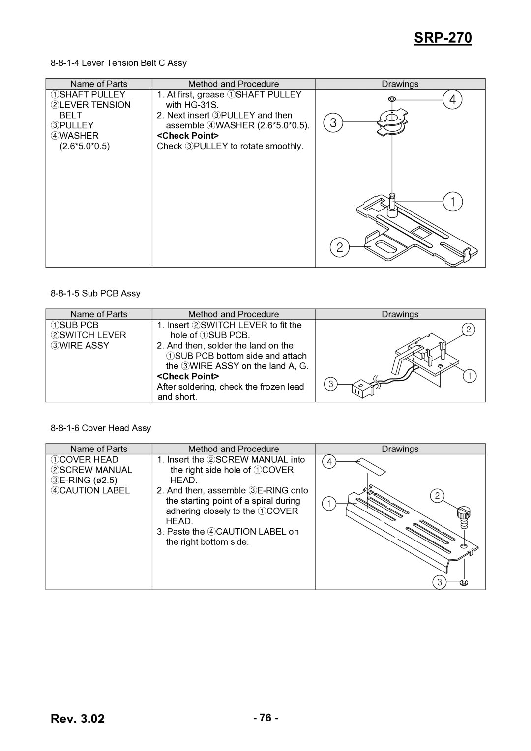 BIXOLON SRP-270 ①SHAFT Pulley, ②LEVER Tension, Belt, ③PULLEY, ④WASHER, ①SUB PCB, ②SWITCH Lever, ③WIRE Assy, ①COVER Head 