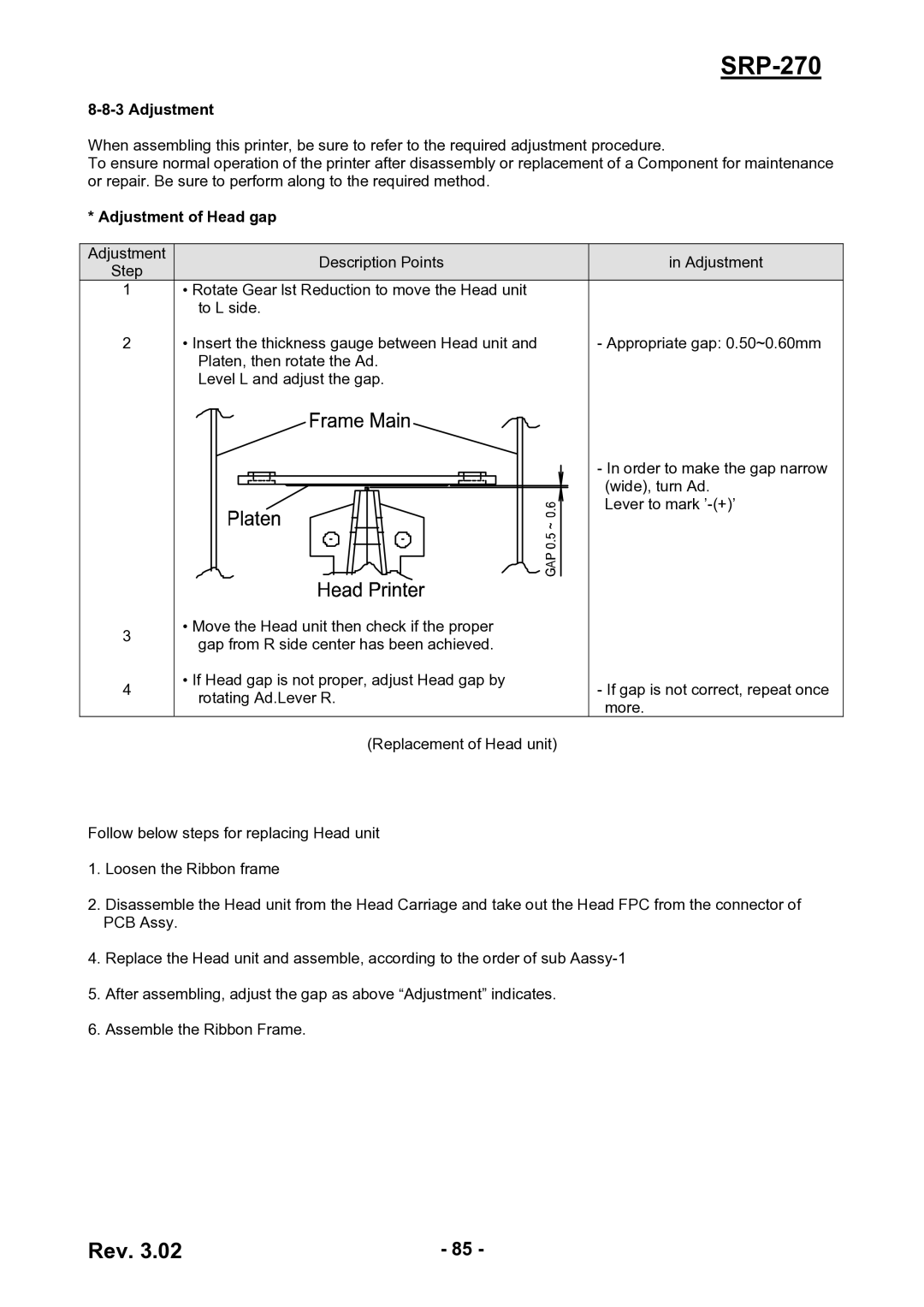 BIXOLON SRP-270 service manual Adjustment of Head gap 