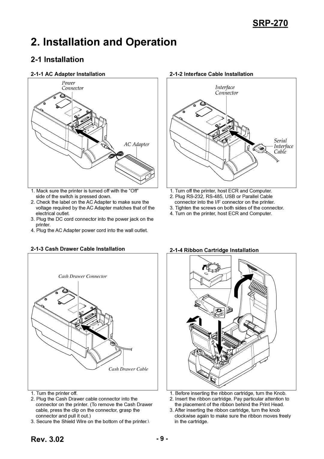 BIXOLON SRP-270 service manual Installation and Operation, AC Adapter Installation, Interface Cable Installation 