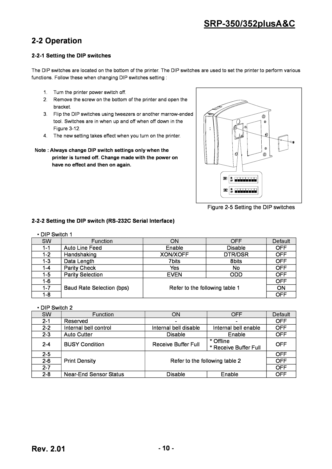 BIXOLON Operation, SRP-350/352plusA&C, Setting the DIP switches, Setting the DIP switch RS-232C Serial Interface 