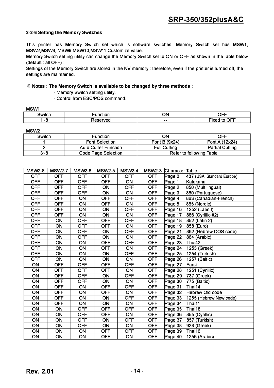 BIXOLON service manual SRP-350/352plusA&C, Setting the Memory Switches 