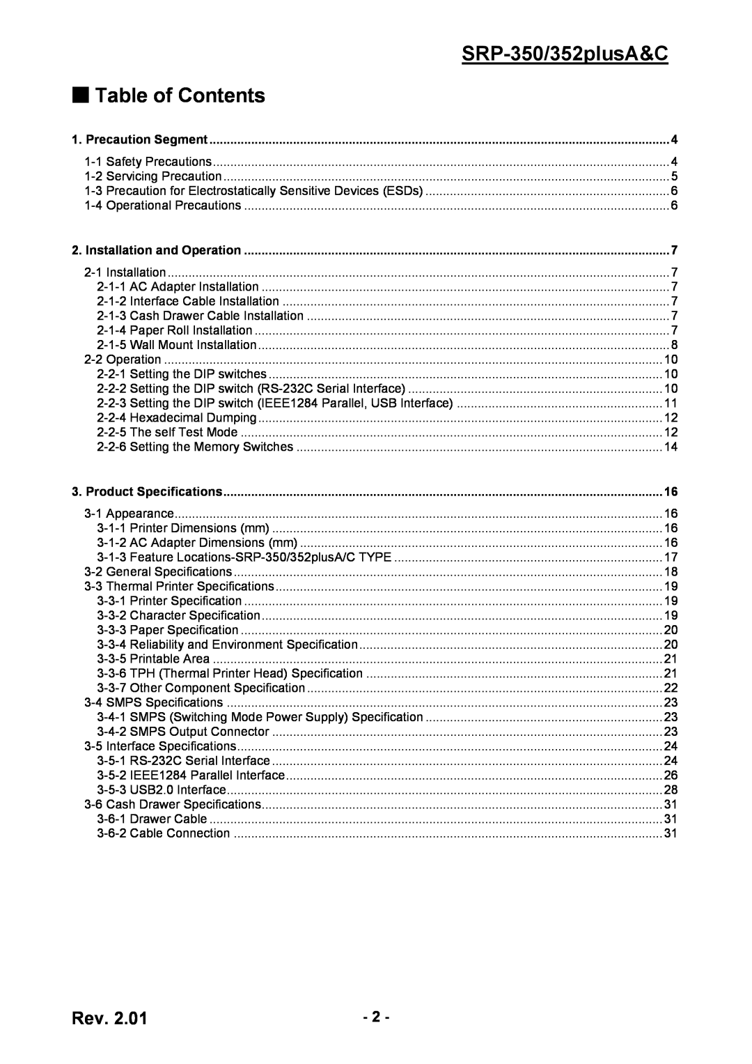 BIXOLON service manual SRP-350/352plusA&C, Table of Contents 