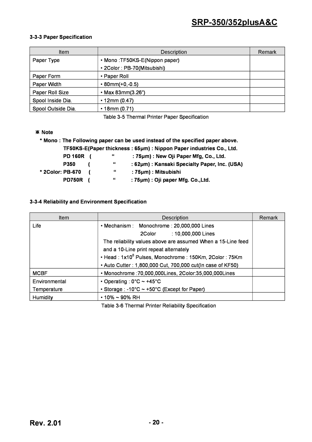 BIXOLON SRP-350/352plusA&C, Paper Specification, ※ Note, PD 160R, P350, 62μm Kansaki Specialty Paper, Inc. USA, PD750R 