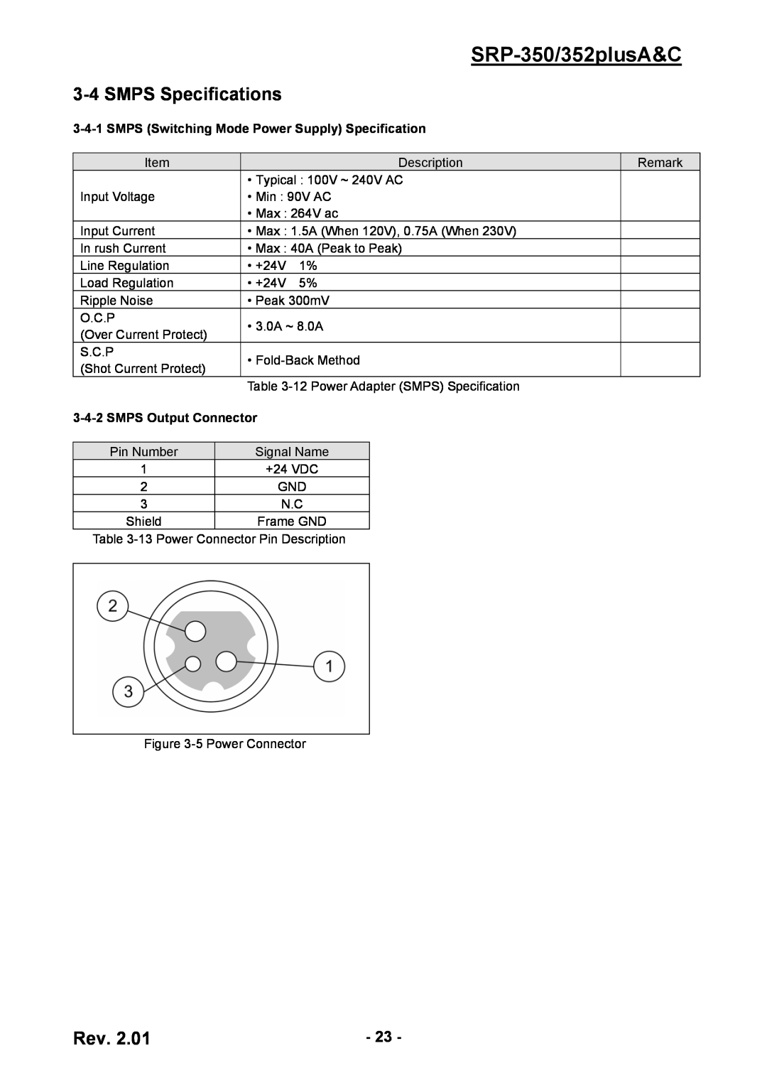 BIXOLON SMPS Specifications, SRP-350/352plusA&C, SMPS Switching Mode Power Supply Specification, SMPS Output Connector 