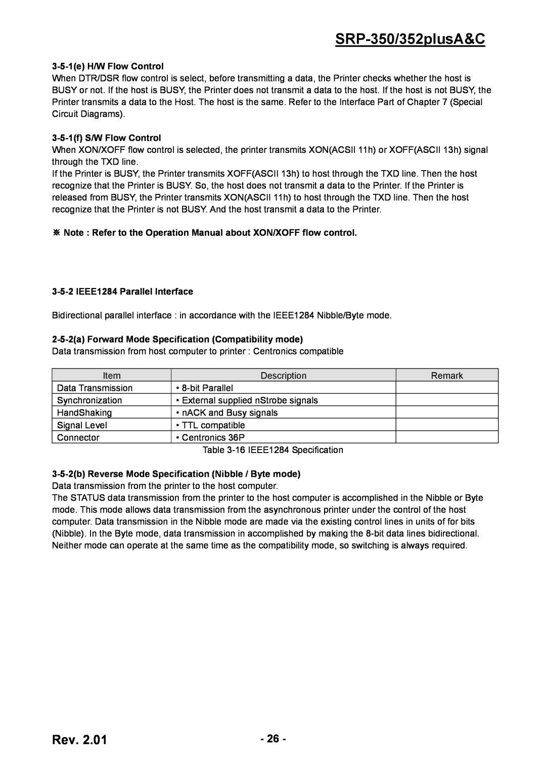 BIXOLON service manual SRP-350/352plusA&C, 3-5-1e H/W Flow Control, 3-5-1f S/W Flow Control, IEEE1284 Parallel Interface 