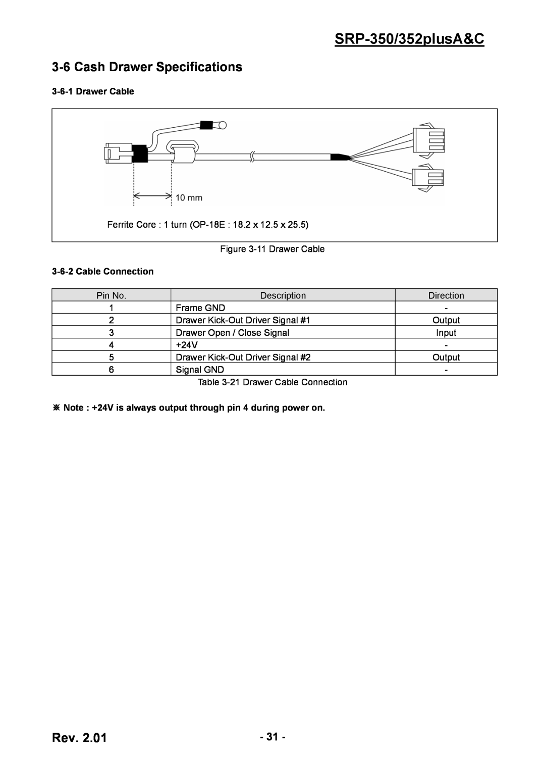 BIXOLON service manual Cash Drawer Specifications, SRP-350/352plusA&C, Drawer Cable, Cable Connection 