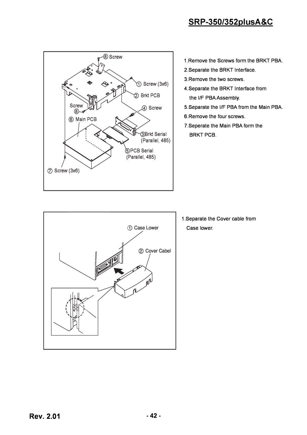 BIXOLON SRP-350/352plusA&C, Screw 1 Screw 2 Brkt PCB, Main PCB, PCB Serial Parallel, Case Lower, Cover Cabel 