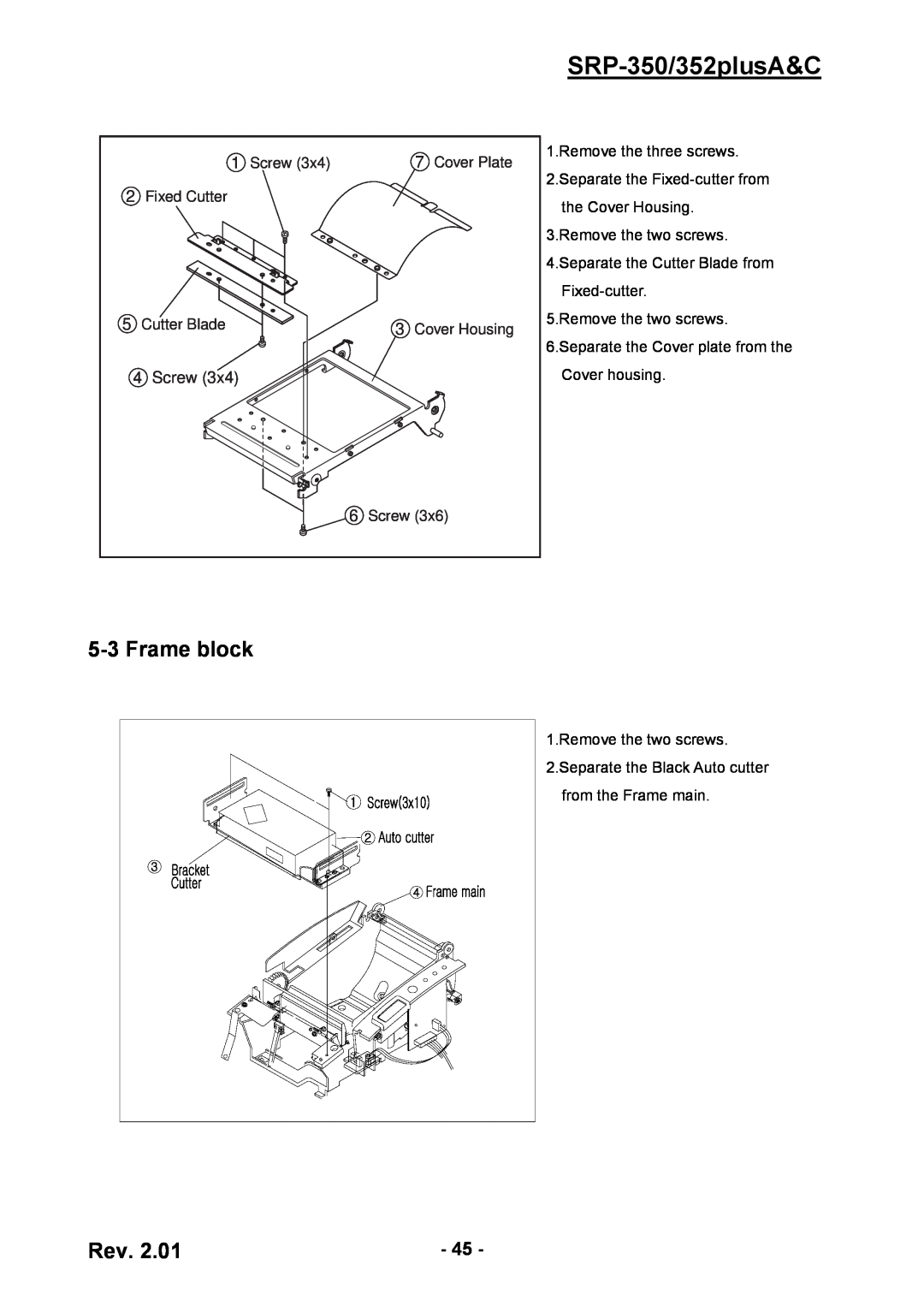 BIXOLON service manual Frame block, SRP-350/352plusA&C, Screw, Cover Plate, Fixed Cutter, Cutter Blade, Cover Housing 