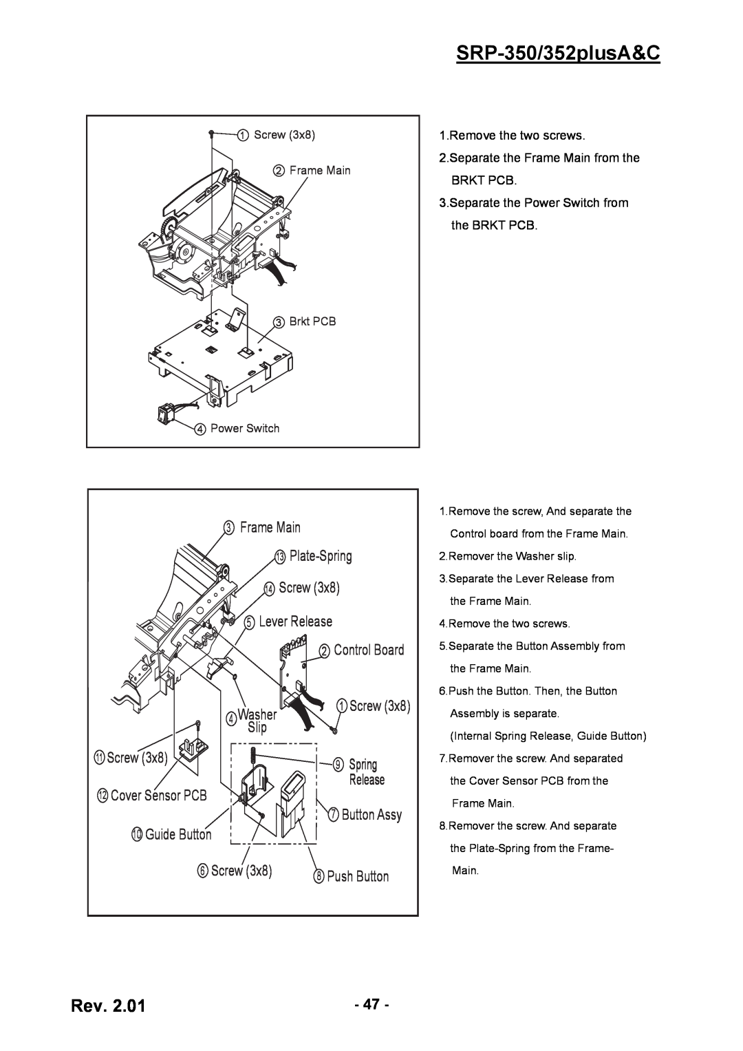 BIXOLON SRP-350/352plusA&C, Frame Main, Washer, Slip, Screw, Spring, Release, Guide Button, Cover Sensor PCB 