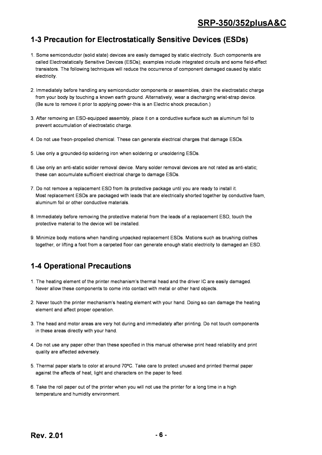 BIXOLON Precaution for Electrostatically Sensitive Devices ESDs, Operational Precautions, SRP-350/352plusA&C 