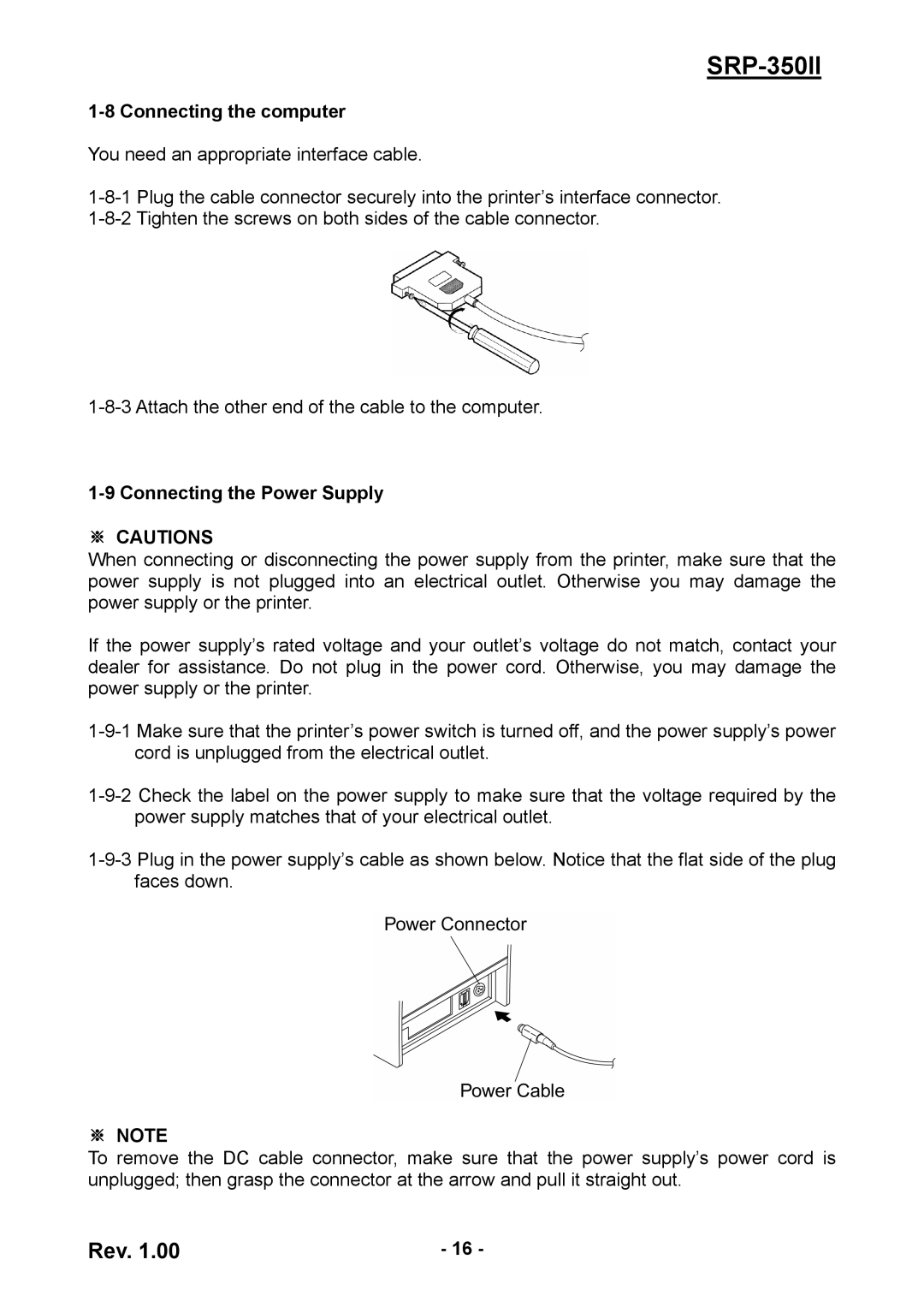 BIXOLON SRP-350II user manual Connecting the computer, Connecting the Power Supply, ※ Cautions 