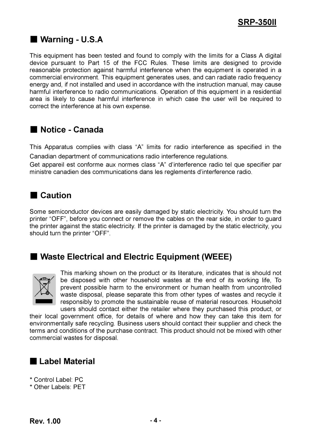 BIXOLON SRP-350II user manual Waste Electrical and Electric Equipment Weee, Label Material 