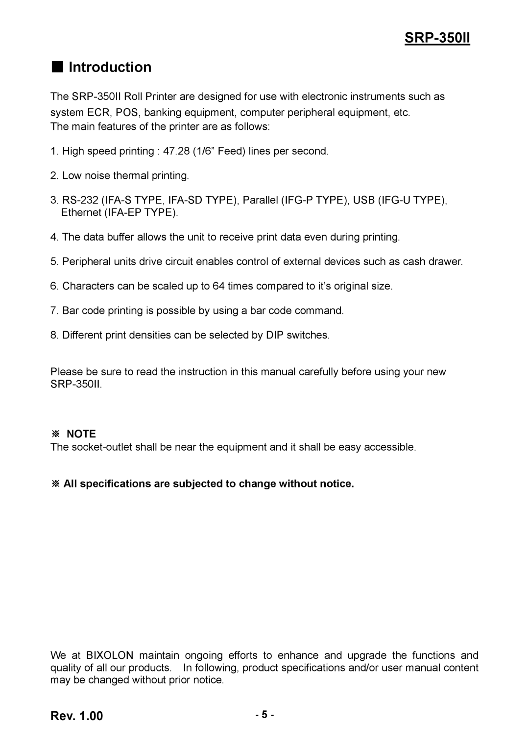 BIXOLON SRP-350II user manual Introduction, ※ Note, ※ All specifications are subjected to change without notice 