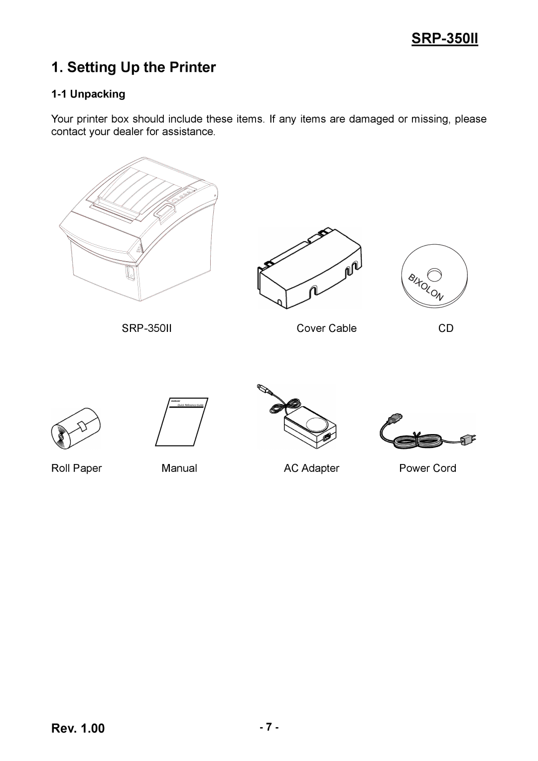 BIXOLON SRP-350II user manual Setting Up the Printer, Unpacking 