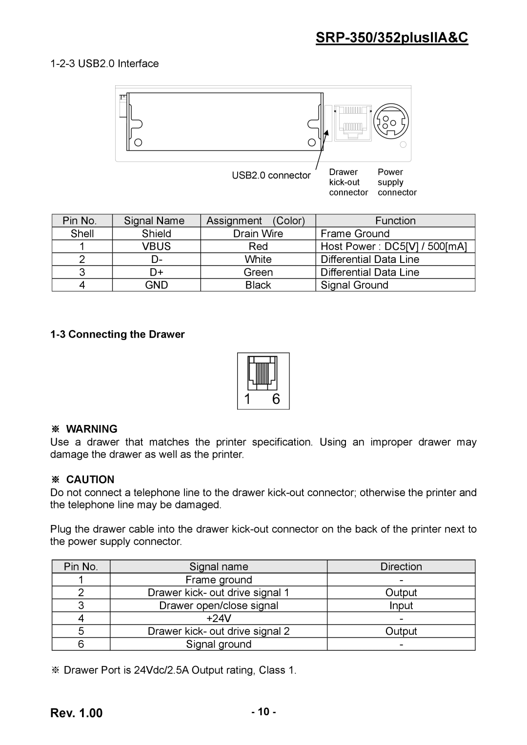 BIXOLON SRP-352 user manual Connecting the Drawer, ※ Warning, ※ Caution 