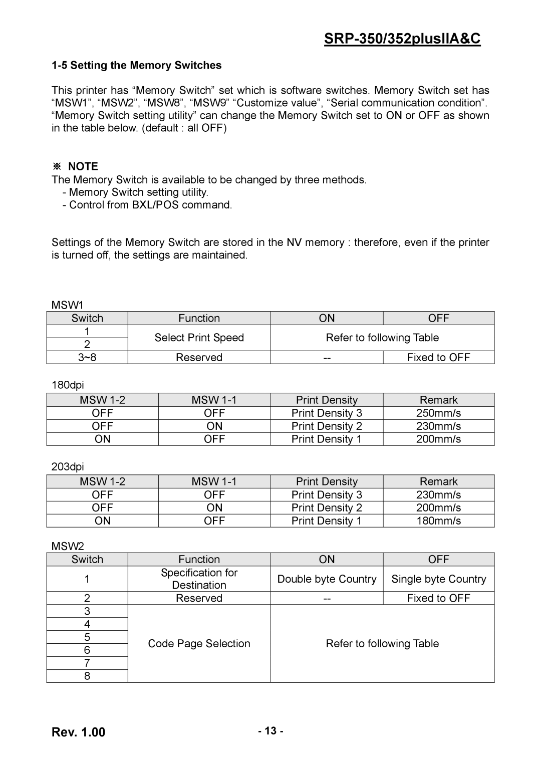 BIXOLON SRP-352 user manual Setting the Memory Switches, ※ Note 