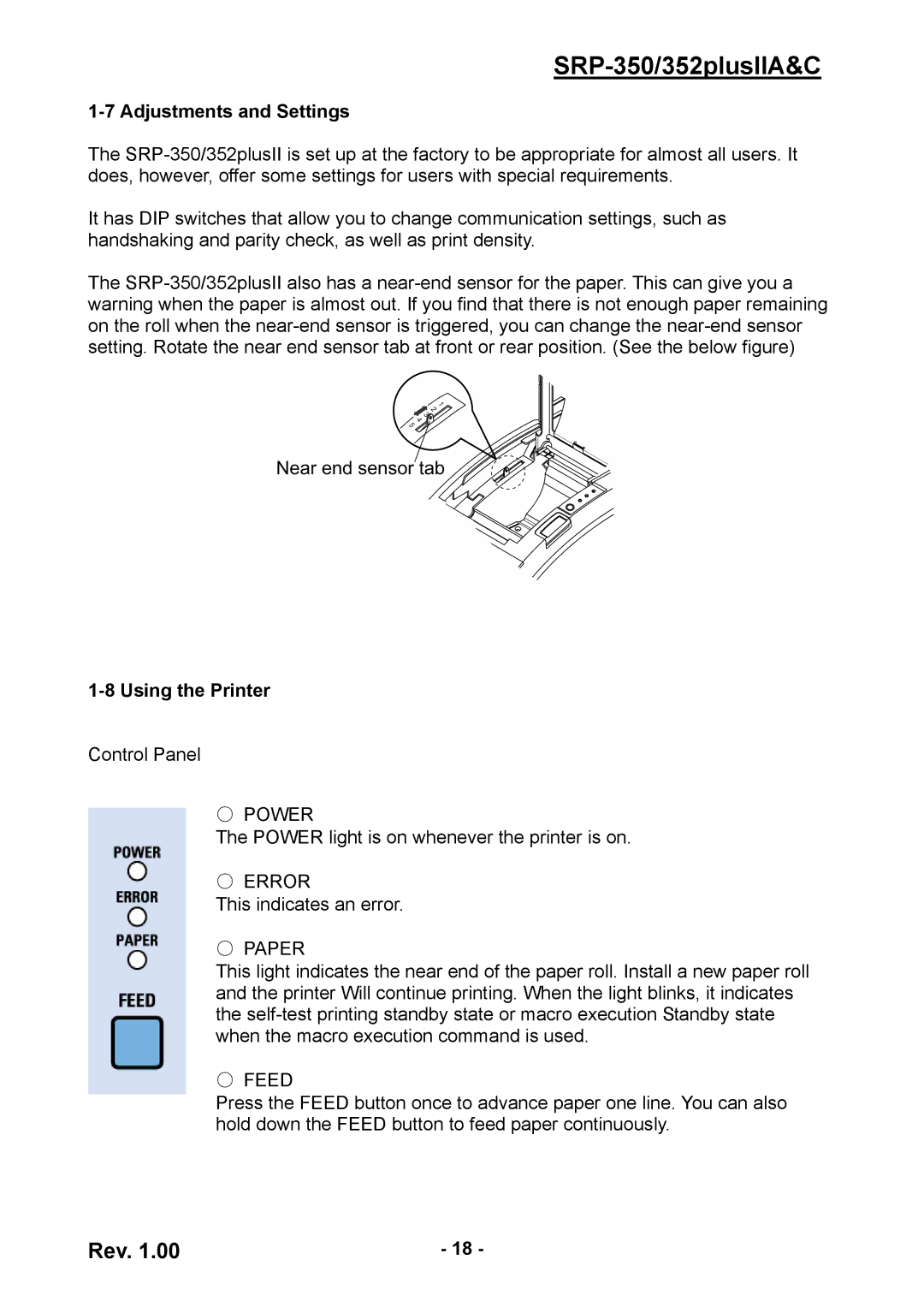 BIXOLON SRP-352 user manual Adjustments and Settings, Using the Printer 