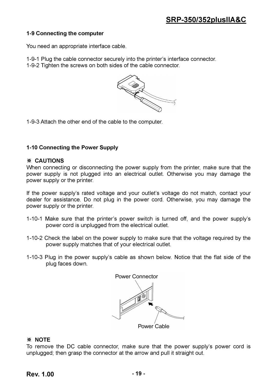 BIXOLON SRP-352 user manual Connecting the computer, Connecting the Power Supply, ※ Cautions 